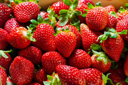 Composition of strawberries inside a box. Background of strawberriesの写真素材