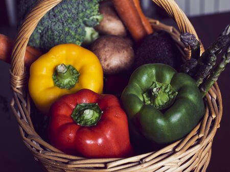 vegetable mix in basket on wooden table