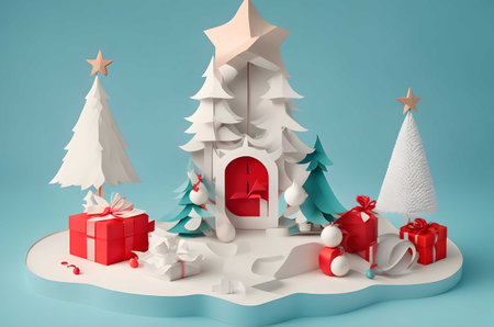 christmas tree on a podium with gifts paper art style ai generated backgroundの素材