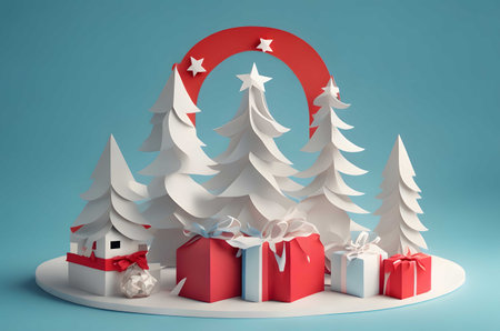 christmas tree on a podium with gifts paper art style ai generated backgroundの素材