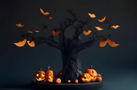 halloween tree with pumpkins paper art style ai generated backgroundの素材