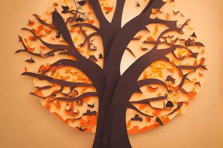 halloween tree with pumpkins paper art style ai generated backgroundの素材