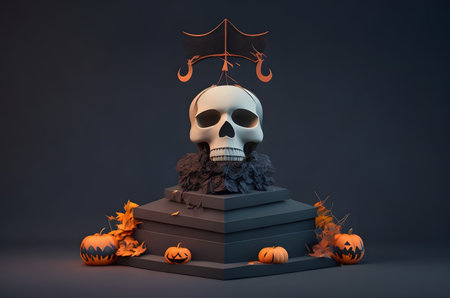 halloween day of the dead skull on a podium paper art style ai generated backgroundの素材