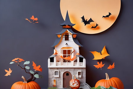 halloween house with pumpkins paper art style ai generated backgroundの素材