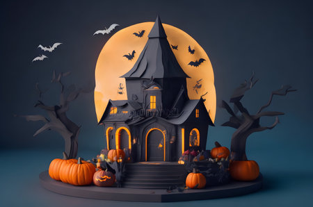 halloween house with pumpkins paper art style ai generated backgroundの素材