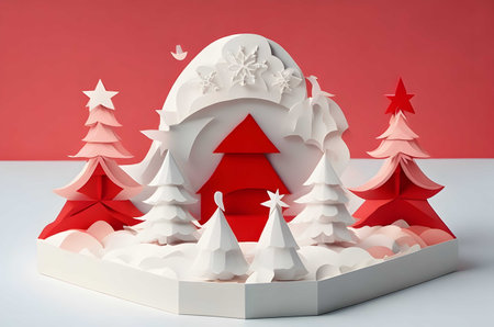 christmas tree on a podium with gifts paper art style ai generated backgroundの素材