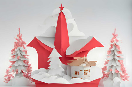 christmas tree on a podium with gifts paper art style ai generated backgroundの素材