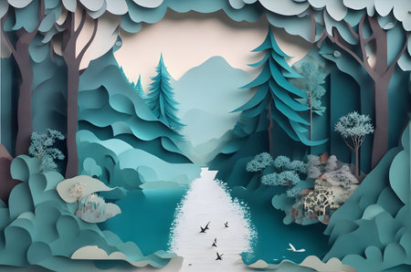 travel photography of a landscape with waterfall paper art style ai generated backgroundの素材