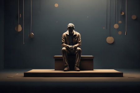 sad man sitting on a podium, dark background, paper art style ai generated backgroundの素材