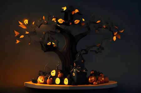 halloween tree on podium with pumpins, dark background, paper art style ai generated backgroundの素材