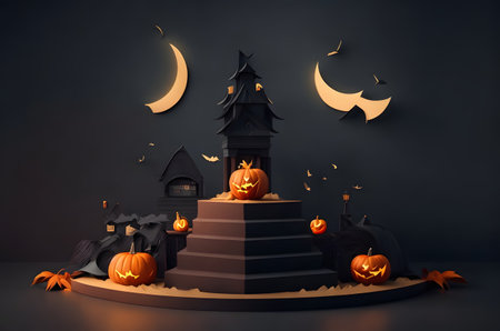 halloween empty podium, dark background, paper art style ai generated backgroundの素材