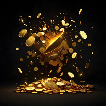 flying golden coins explotion ai generated backgroundの素材