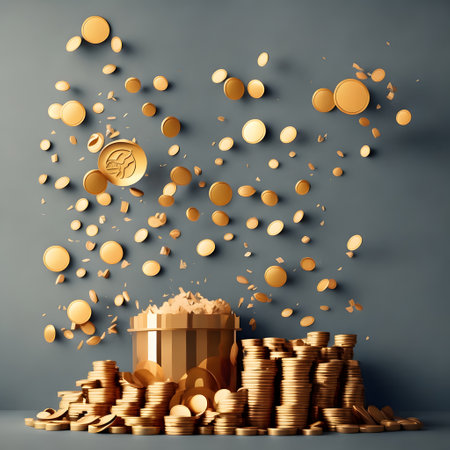 flying golden coins explotion ai generated backgroundの素材