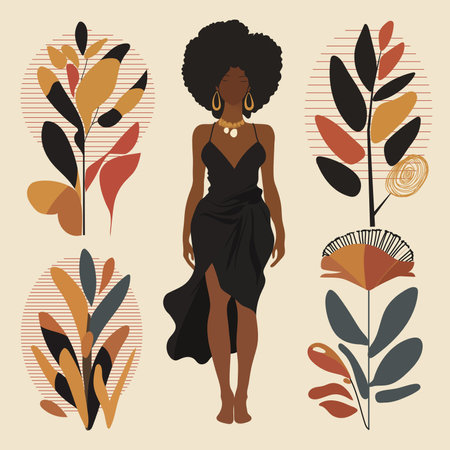 black woman with flowers vector art styleのイラスト素材