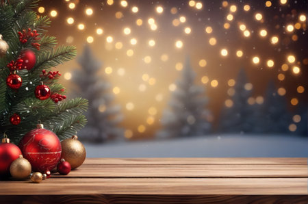 wooden table, top view, christmas backgroundの素材