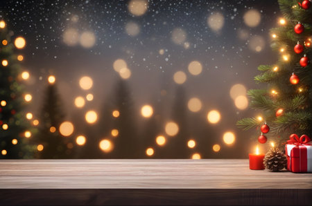 wooden table, top view, christmas backgroundの素材