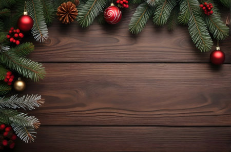 wooden table, top view, christmas backgroundの素材