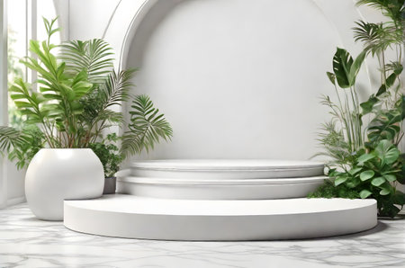 white marble podium with plants ai generated backgroundの素材