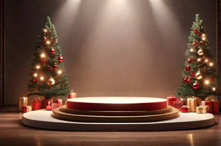 christmas podium with tree and gifts ai generated backgroundの素材