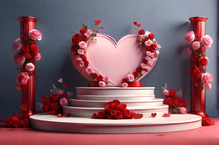 valentines podium with hearts and flowersの素材