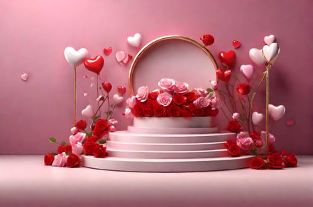 valentines podium with hearts and flowersの素材