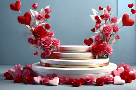 valentines podium with hearts and flowersの素材