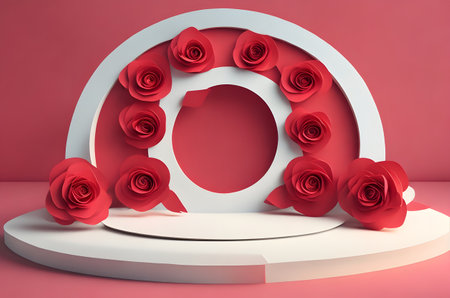 valentines podium with hearts and flowersの素材