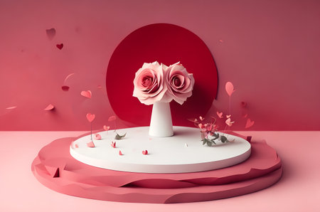 valentines day empty podium with hearts and flowers ai generated backgroundの素材