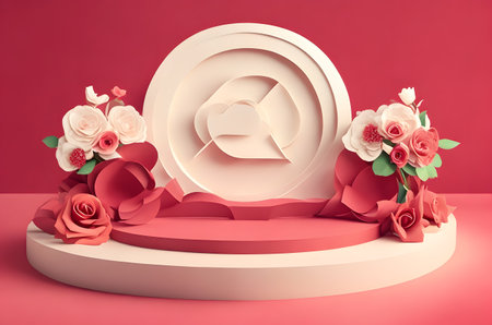valentines day empty podium with hearts and flowers ai generated backgroundの素材