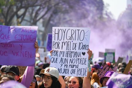 CuauhtÃ©moc, CDMX, Mexico - 03 08 2024: feminist march against woman violence for international...