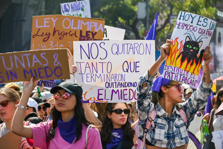 CuauhtÃ©moc, CDMX, Mexico - 03 08 2024: feminist march against woman violence for international...