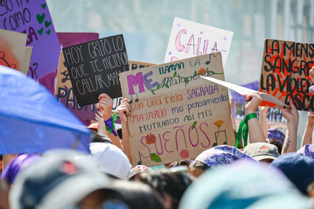 CuauhtÃ©moc, CDMX, Mexico - 03 08 2024: feminist march against woman violence for international...