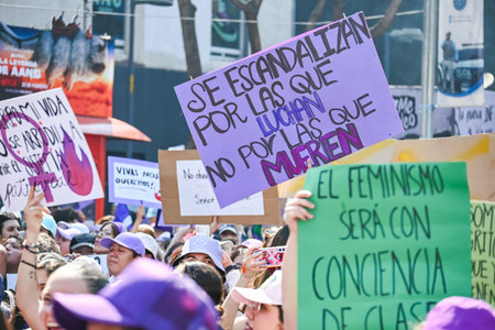 CuauhtÃ©moc, CDMX, Mexico - 03 08 2024: feminist march against woman violence for international women's day in Mexico Cityのeditorial素材