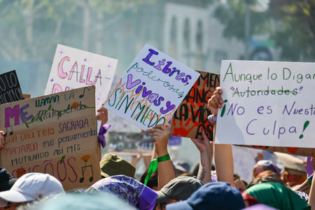 CuauhtÃ©moc, CDMX, Mexico - 03 08 2024: feminist march against woman violence for international...