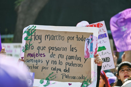 CuauhtÃ©moc, CDMX, Mexico - 03 08 2024: feminist march against woman violence for international women's day in Mexico Cityのeditorial素材