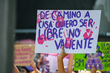 CuauhtÃ©moc, CDMX, Mexico - 03 08 2024: feminist march against woman violence for international...