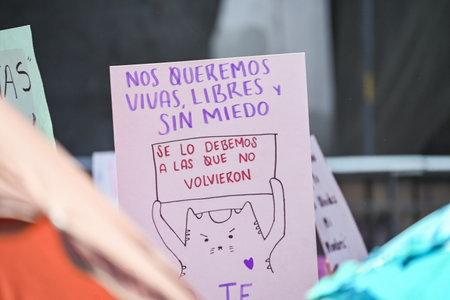 CuauhtÃ©moc, CDMX, Mexico - 03 08 2024: feminist march against woman violence for international women's day in Mexico Cityのeditorial素材