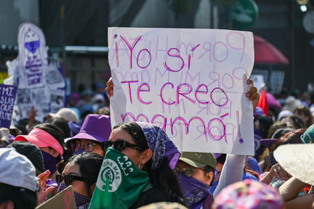 CuauhtÃ©moc, CDMX, Mexico - 03 08 2024: feminist march against woman violence for international women's day in Mexico Cityのeditorial素材