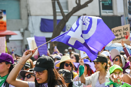 CuauhtÃ©moc, CDMX, Mexico - 03 08 2024: feminist march against woman violence for international women's day in Mexico Cityのeditorial素材