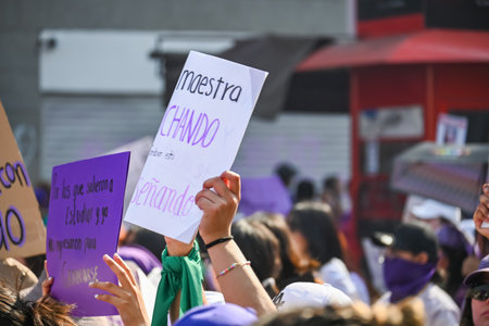 CuauhtÃ©moc, CDMX, Mexico - 03 08 2024: feminist march against woman violence for international women's day in Mexico Cityのeditorial素材