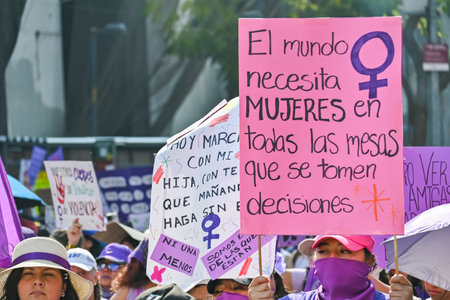 CuauhtÃ©moc, CDMX, Mexico - 03 08 2024: feminist march against woman violence for international women's day in Mexico Cityのeditorial素材