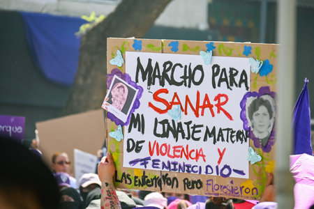 CuauhtÃ©moc, CDMX, Mexico - 03 08 2024: feminist march against woman violence for international women's day in Mexico Cityのeditorial素材