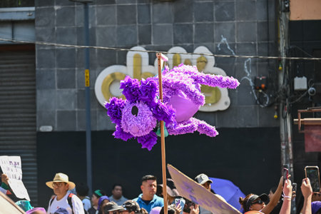 CuauhtÃ©moc, CDMX, Mexico - 03 08 2024: feminist march against woman violence for international women's day in Mexico Cityのeditorial素材