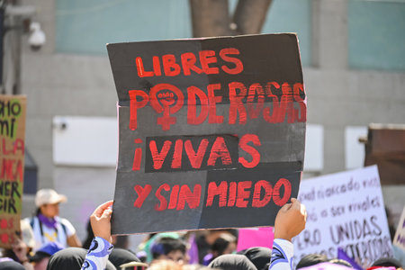 CuauhtÃ©moc, CDMX, Mexico - 03 08 2024: feminist march against woman violence for international women's day in Mexico Cityのeditorial素材