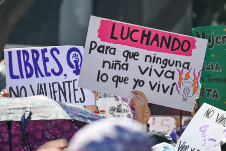 CuauhtÃ©moc, CDMX, Mexico - 03 08 2024: feminist march against woman violence for international women's day in Mexico Cityのeditorial素材