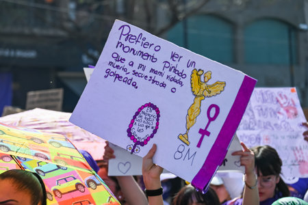CuauhtÃ©moc, CDMX, Mexico - 03 08 2024: feminist march against woman violence for international women's day in Mexico Cityのeditorial素材