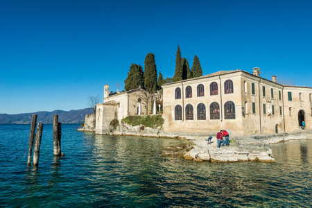 View of the Lago di Garda lake in Italyの写真素材