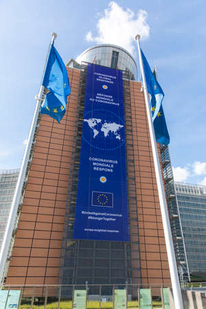BRUSSELS, Belgium - fourth of may 2020: The Coronavirus - Global Response banner displayed on the...