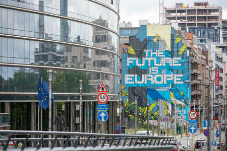 BRUSSELS, Belgium - July 1st, 2020: View of an urban painting in the European quarter of Brussels saying "the future is Europe"のeditorial素材