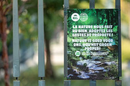 Brussels, Belgium - September 14, 2020: details of a poster promoting respect for nature and limiting pollutionのeditorial素材